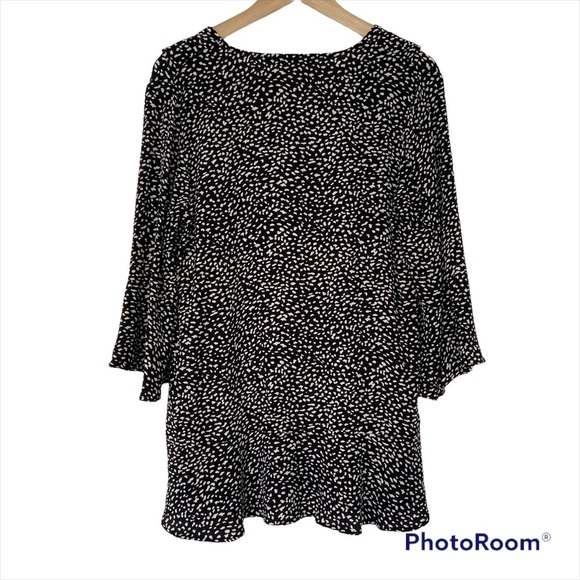 ZARA BLACK/WHITE PRINT PEPLUM TOP/BLOUSE WITH RUFFLE NECK, BELL SLEEVES, XS - Picture 2 of 9